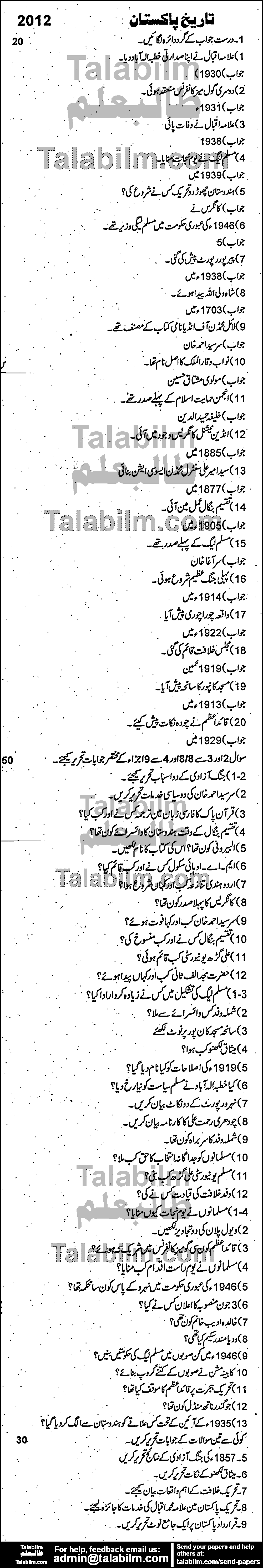 Pakistan History 0 past paper for Group-I 2012