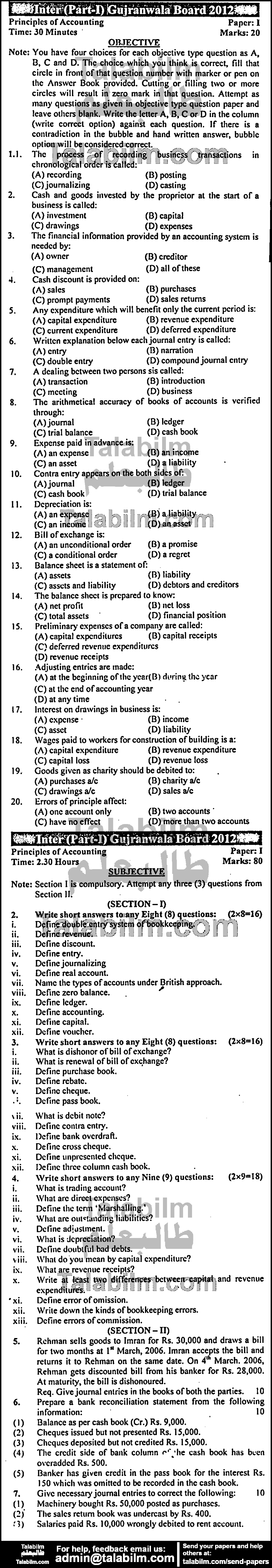 Principles Of Accounting 0 past paper for Group-I 2012