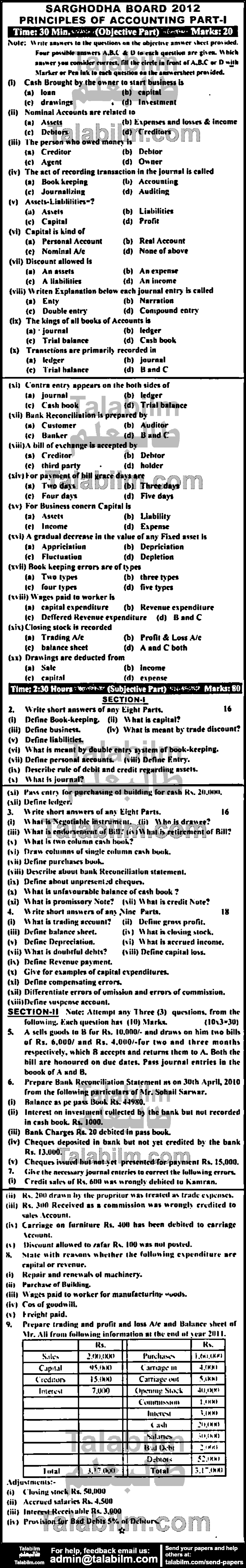 Principles Of Accounting 0 past paper for Group-I 2012