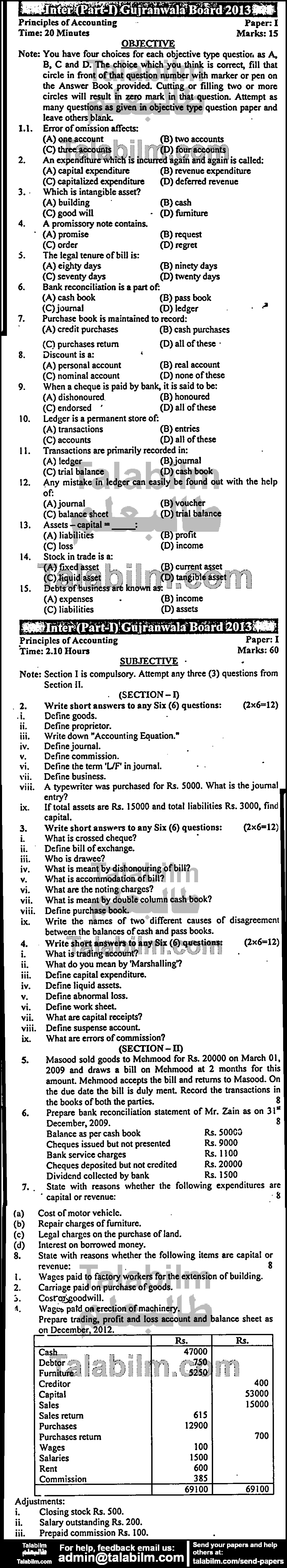 Principles Of Accounting 0 past paper for Group-I 2013