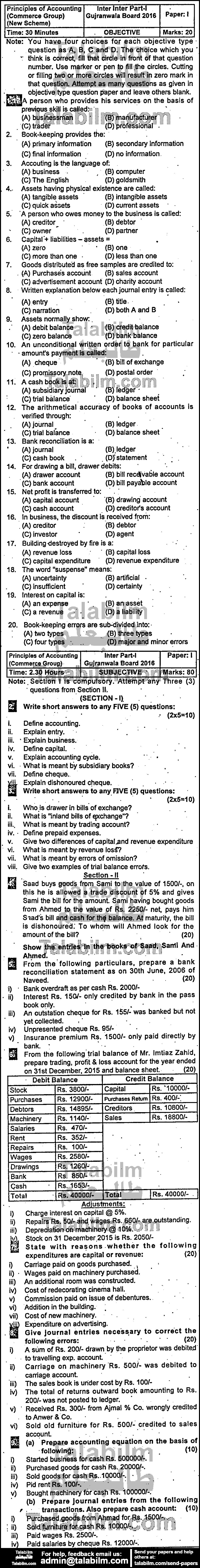 Principles Of Accounting 0 past paper for Group-I 2016