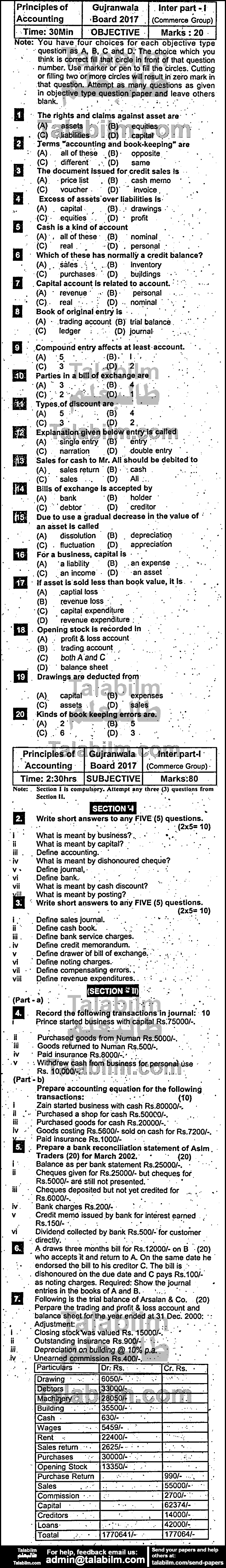 Principles Of Accounting 0 past paper for Group-I 2017