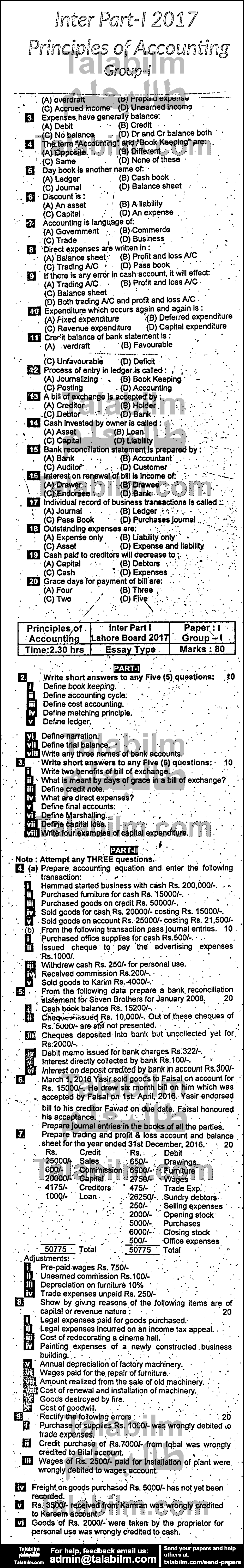 Principles Of Accounting 0 past paper for Group-I 2017