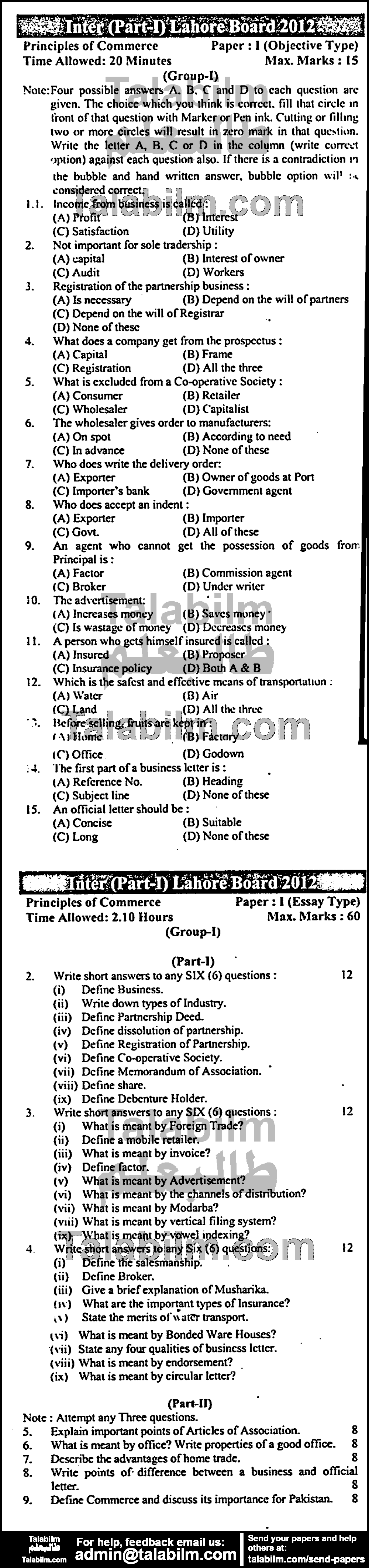 Principles Of Commerce 0 past paper for Group-I 2012