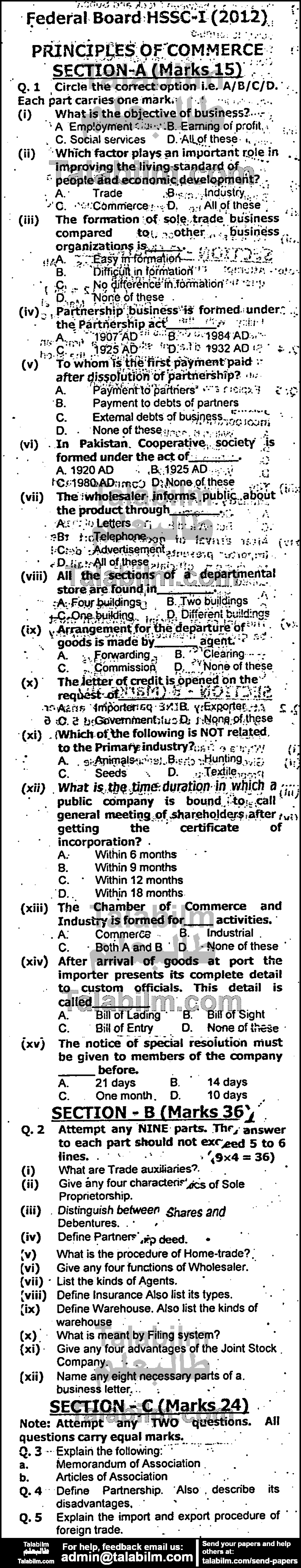 Principles Of Commerce 0 past paper for Group-I 2012