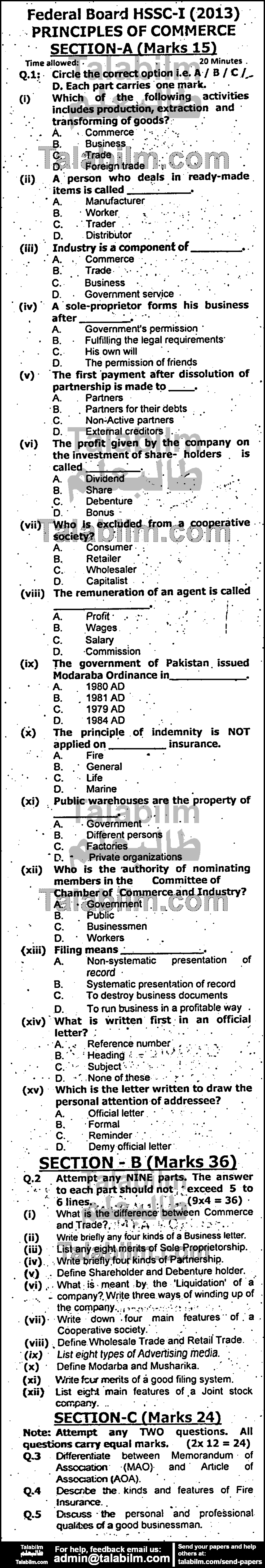 Principles Of Commerce 0 past paper for Group-I 2013