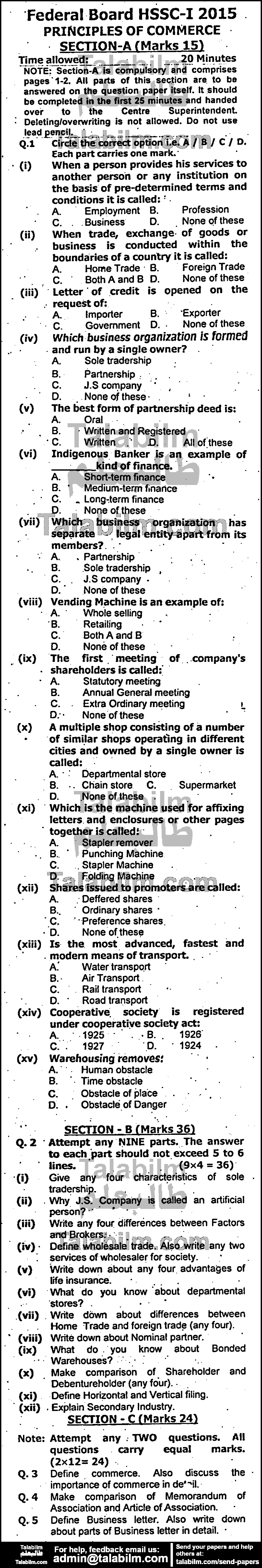 Principles Of Commerce 0 past paper for Group-I 2015