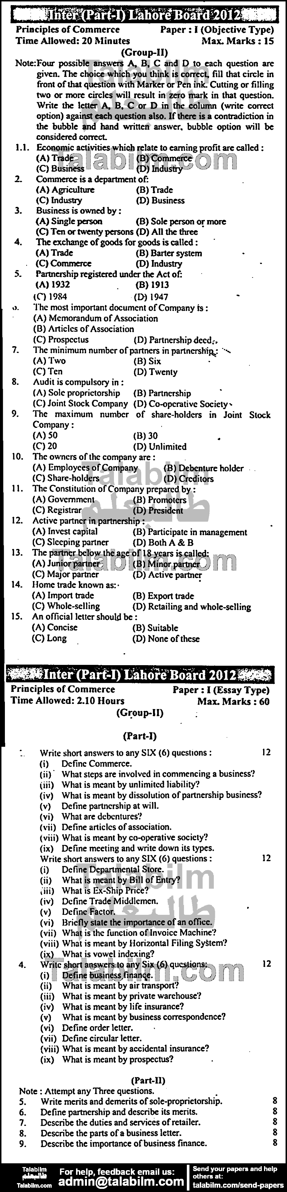 Principles Of Commerce 0 past paper for Group-II 2012