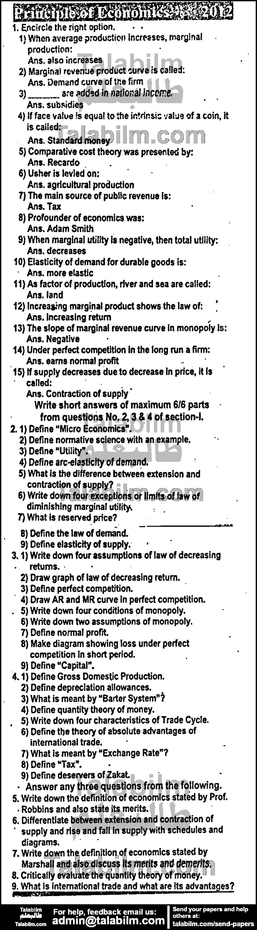 Principles Of Economics 0 past paper for Group-I 2012