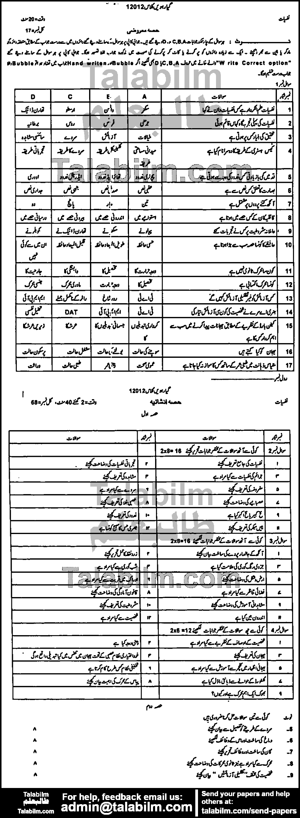 Psychology 0 past paper for Group-I 2012