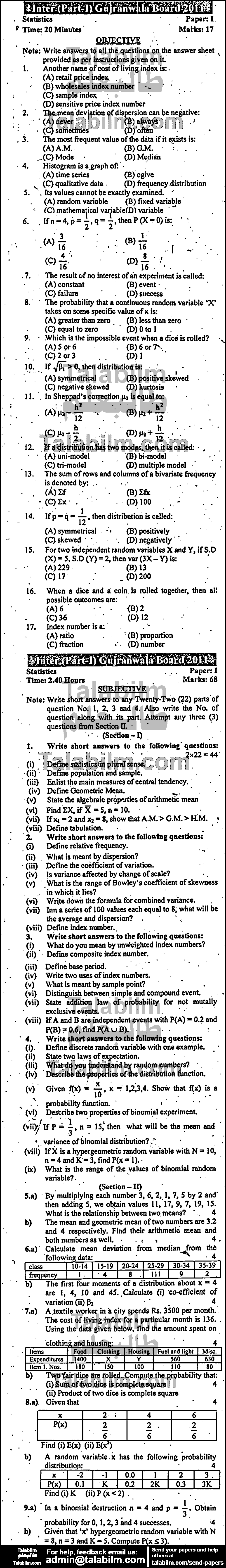 Statistics 0 past paper for Group-I 2011