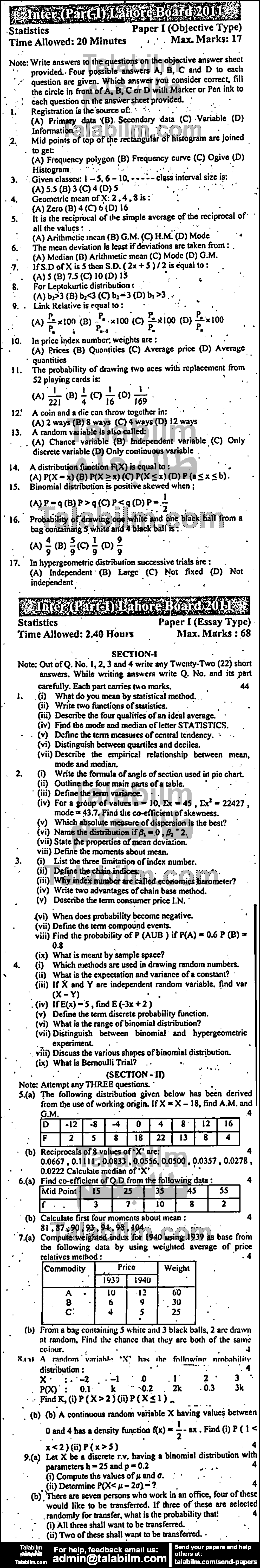 Statistics 0 past paper for Group-I 2011