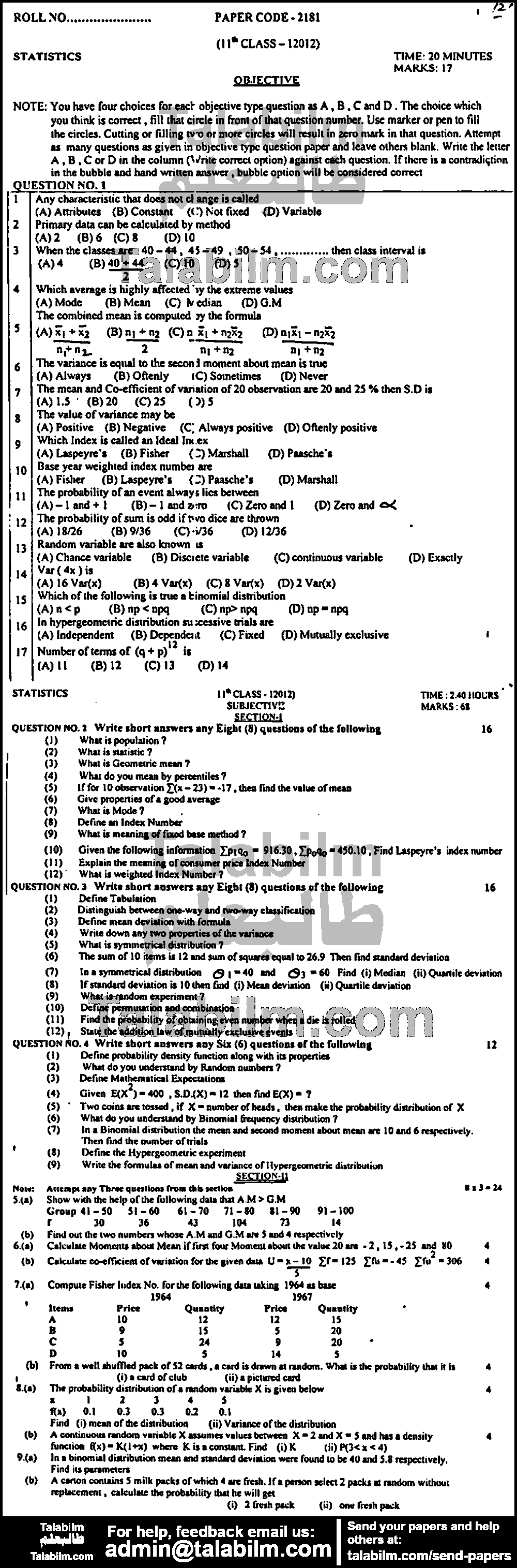 Statistics 0 past paper for Group-I 2012