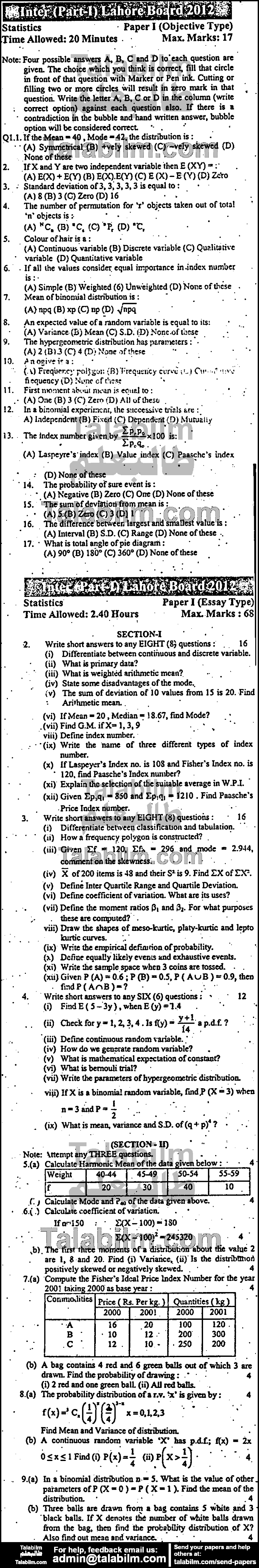 Statistics 0 past paper for Group-I 2012