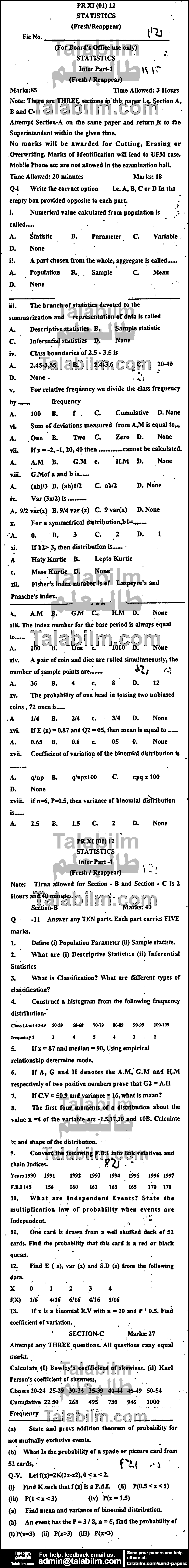 Statistics 0 past paper for Group-I 2012