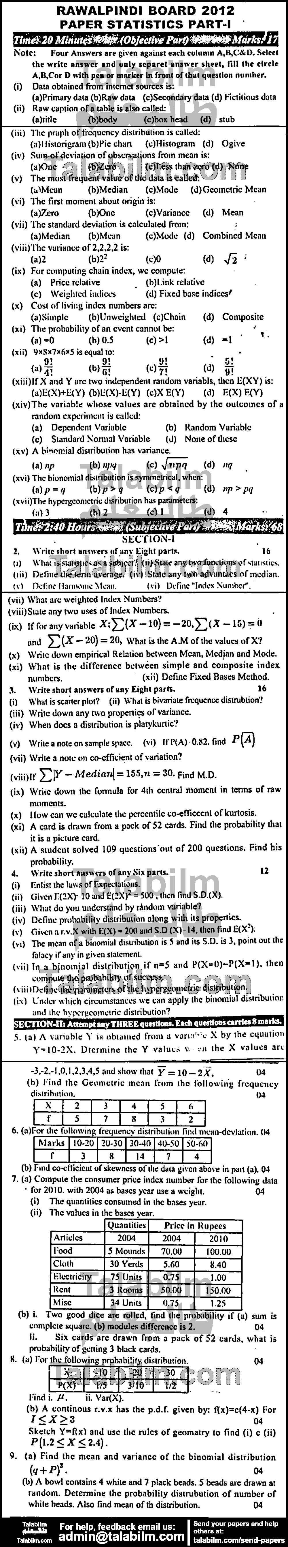 Statistics 0 past paper for Group-I 2012