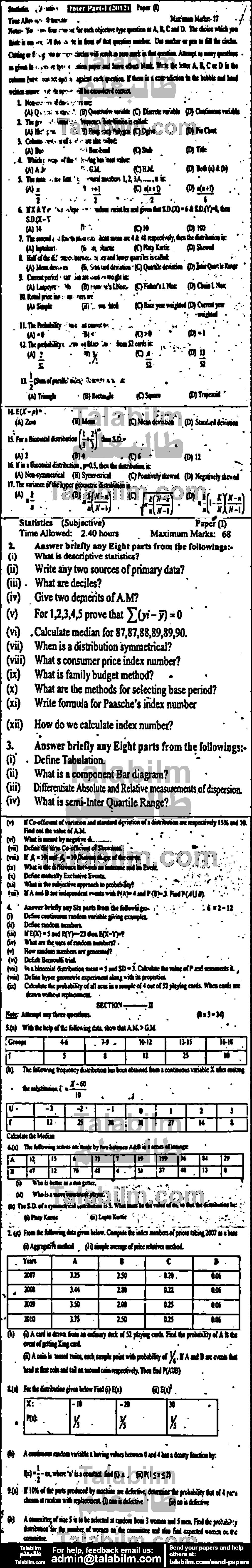 Statistics 0 past paper for Group-I 2012