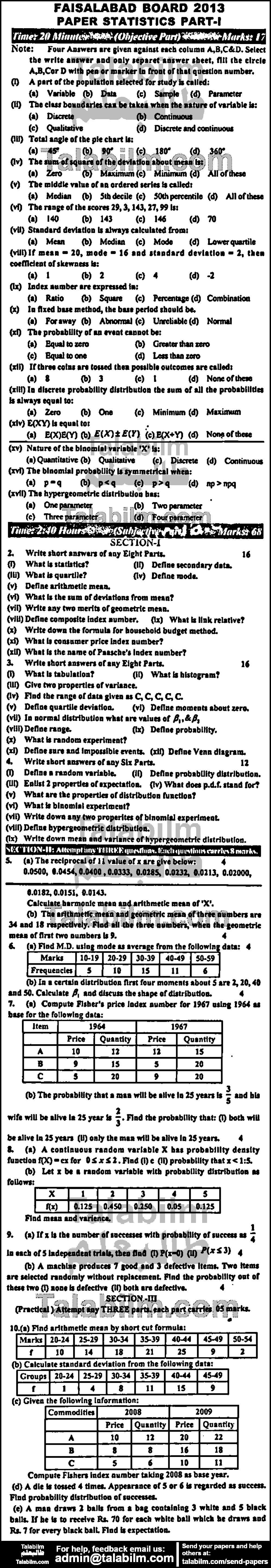 Statistics 0 past paper for Group-I 2013