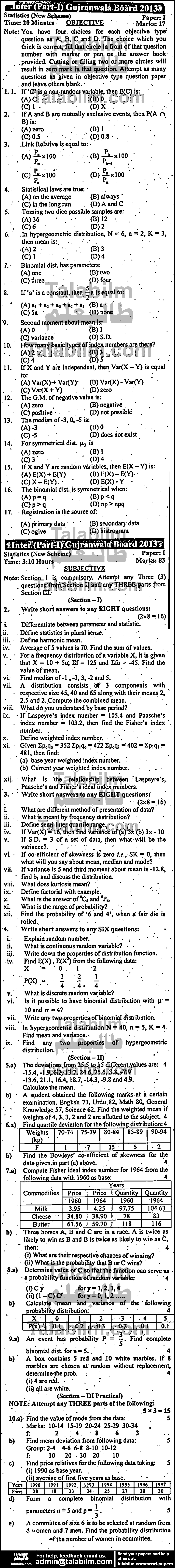 Statistics 0 past paper for Group-I 2013