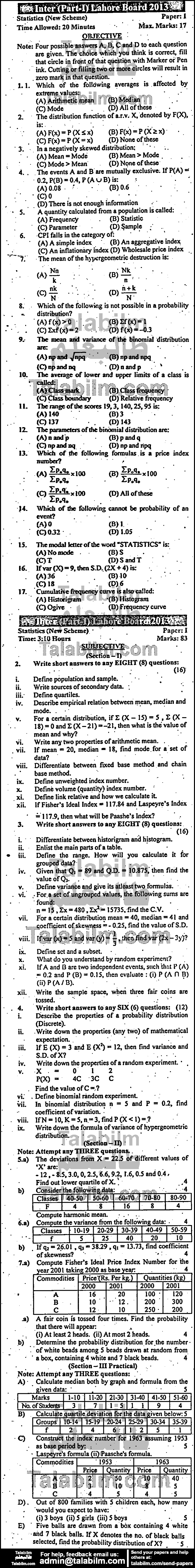 Statistics 0 past paper for Group-I 2013