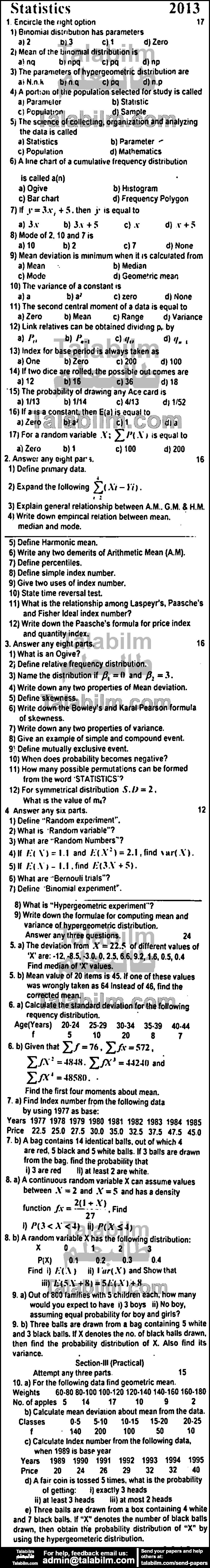 Statistics 0 past paper for Group-I 2013