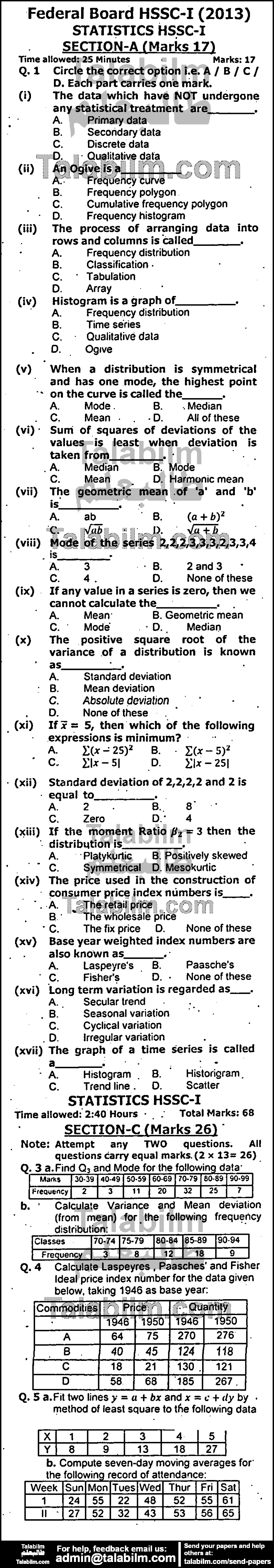 Statistics 0 past paper for Group-I 2013