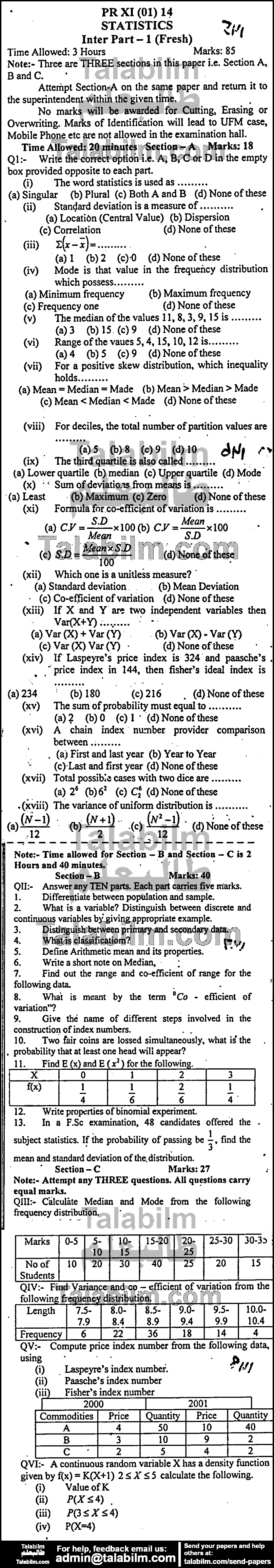 Statistics 0 past paper for Group-I 2014