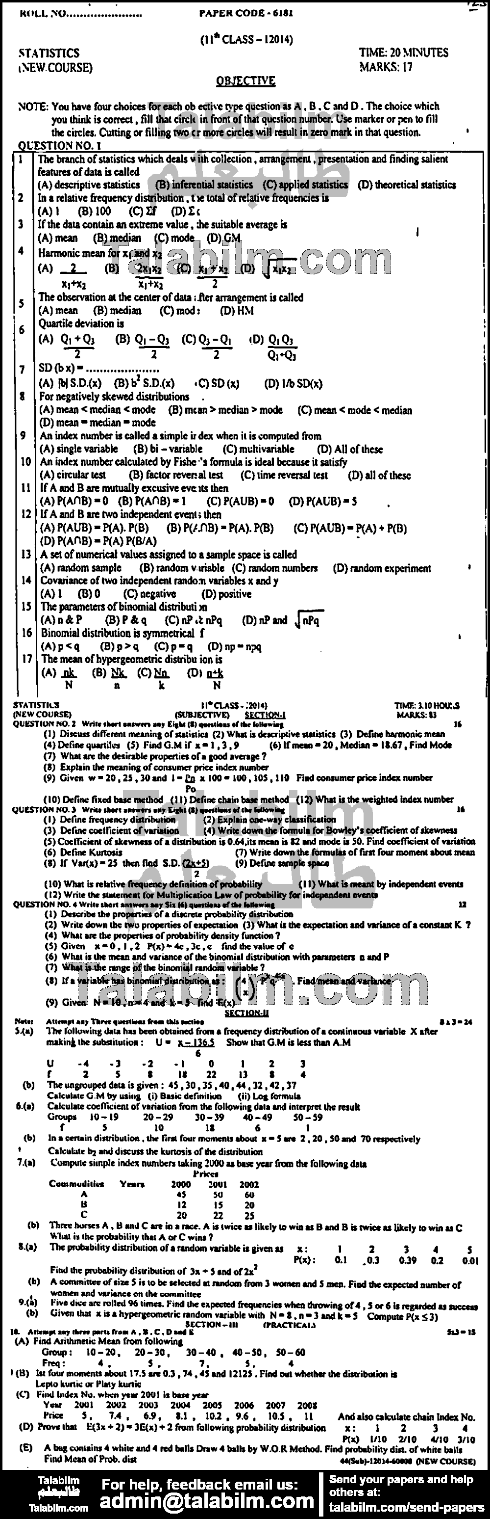 Statistics 0 past paper for Group-I 2014