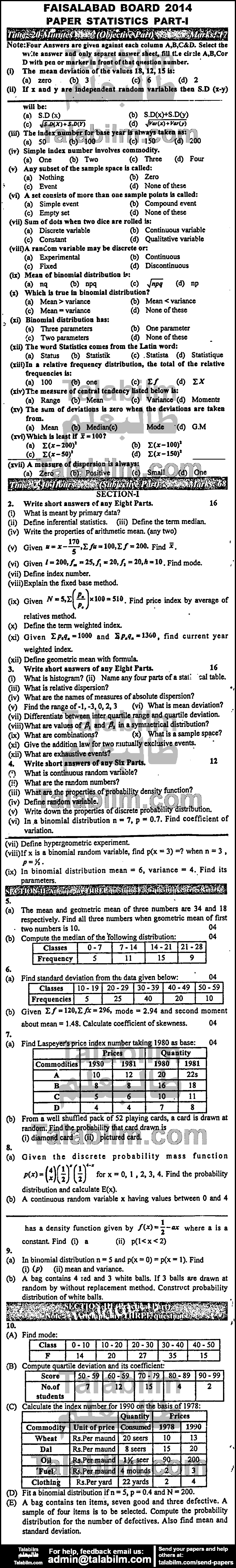 Statistics 0 past paper for Group-I 2014