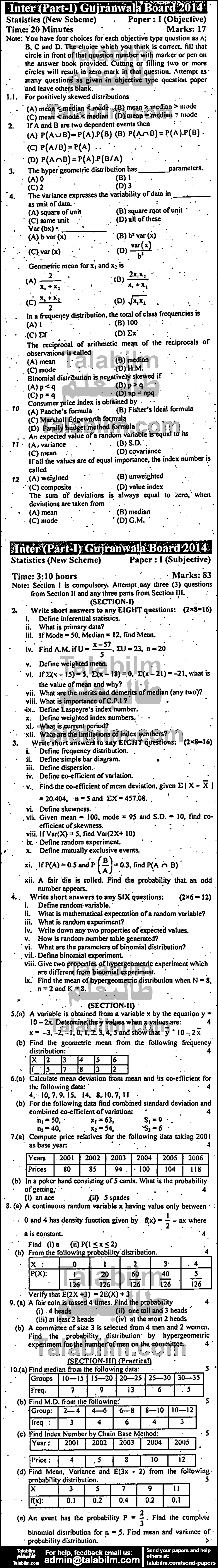 Statistics 0 past paper for Group-I 2014