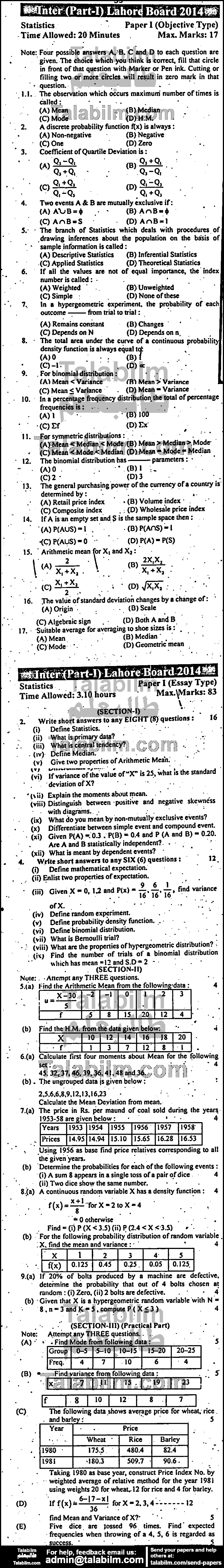 Statistics 0 past paper for Group-I 2014