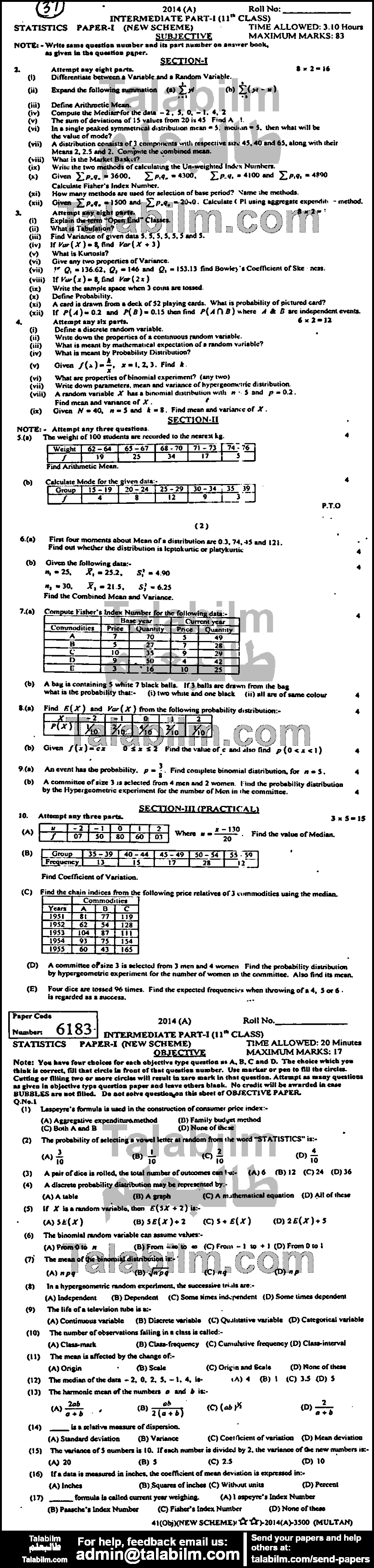 Statistics 0 past paper for Group-I 2014