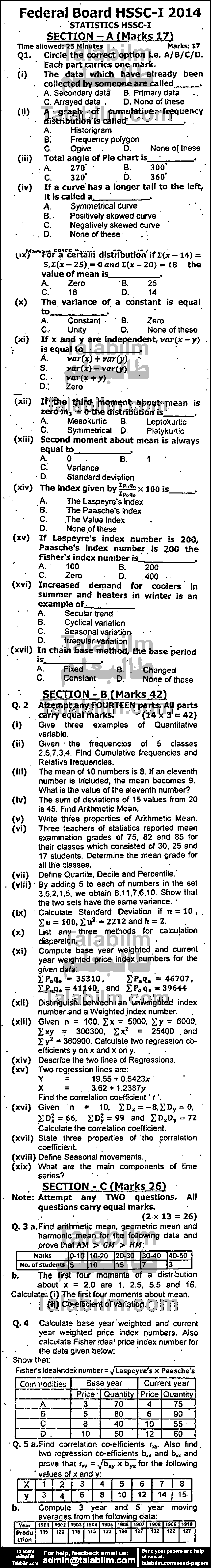 Statistics 0 past paper for Group-I 2014