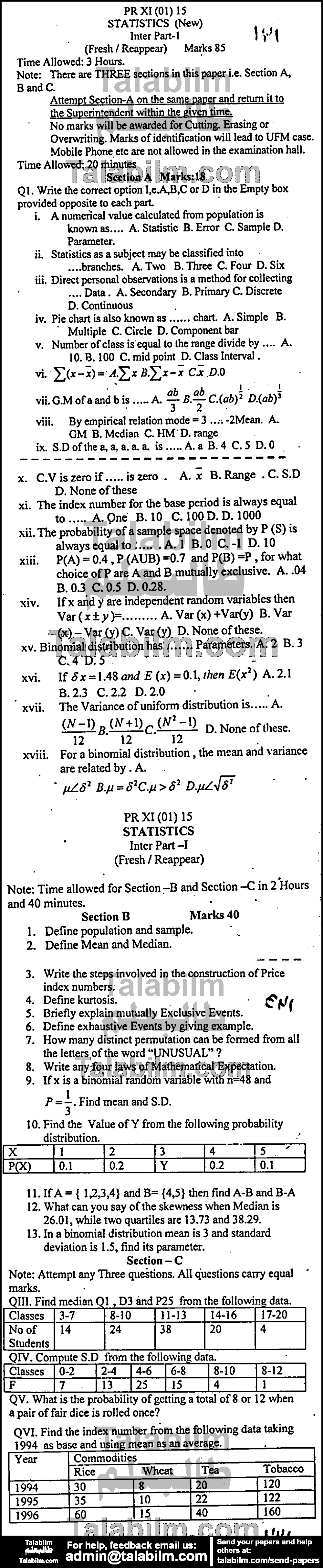 Statistics 0 past paper for Group-I 2015