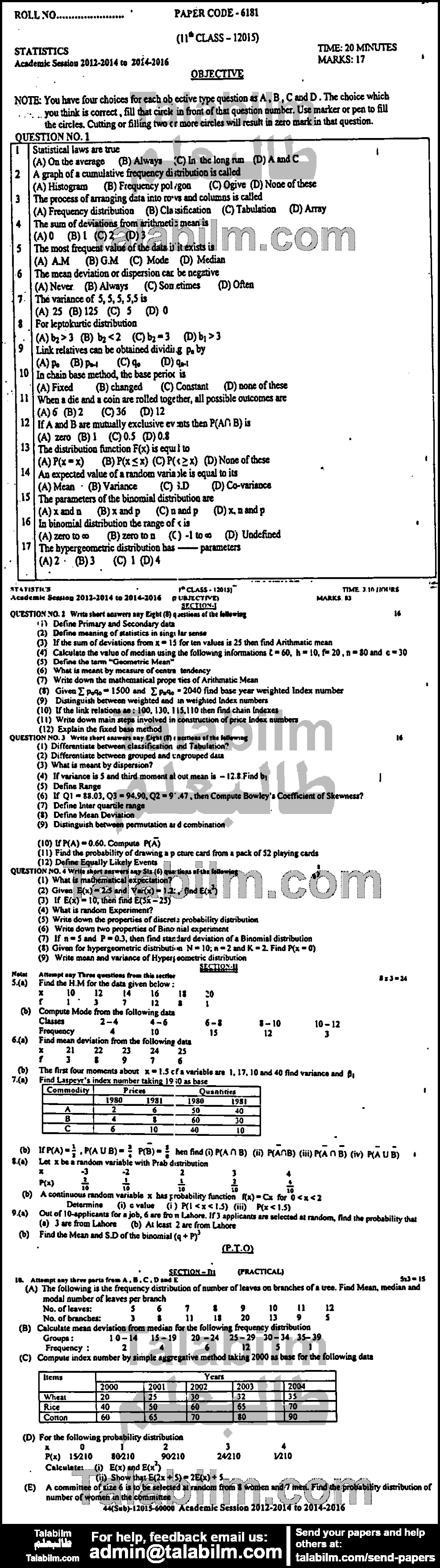 Statistics 0 past paper for Group-I 2015