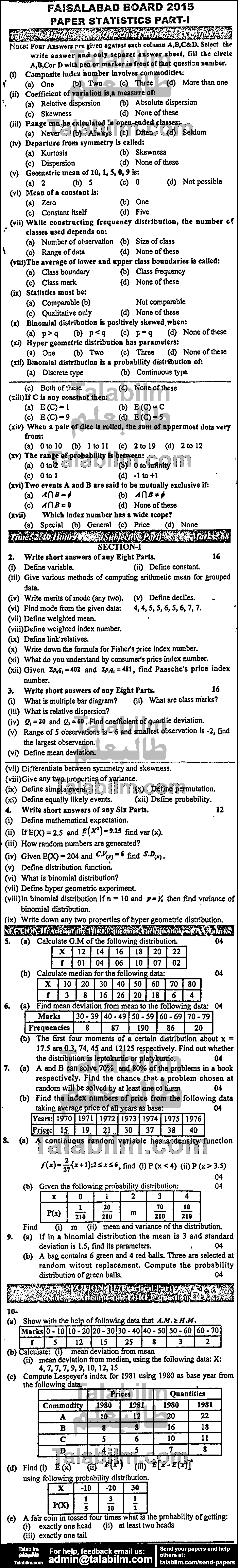 Statistics 0 past paper for Group-I 2015