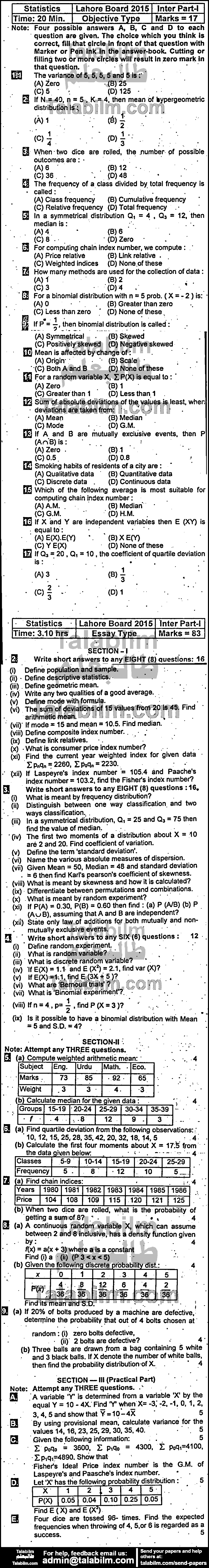 Statistics 0 past paper for Group-I 2015