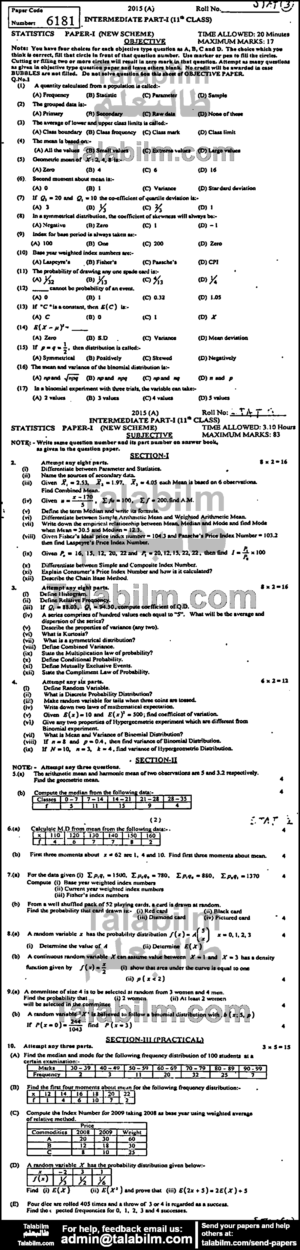 Statistics 0 past paper for Group-I 2015