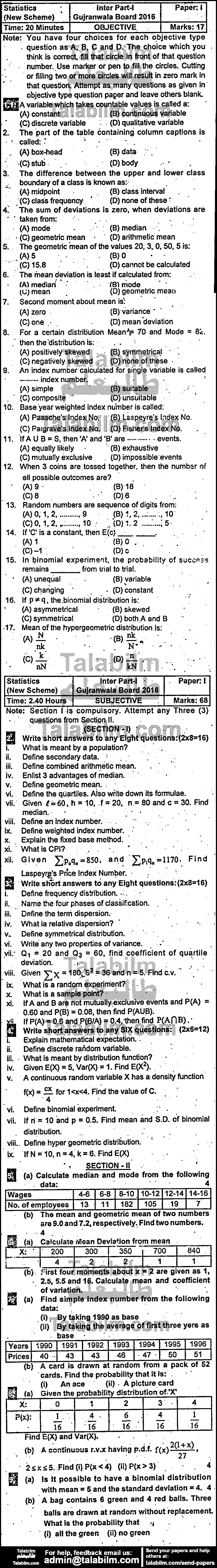 Statistics 0 past paper for Group-I 2016