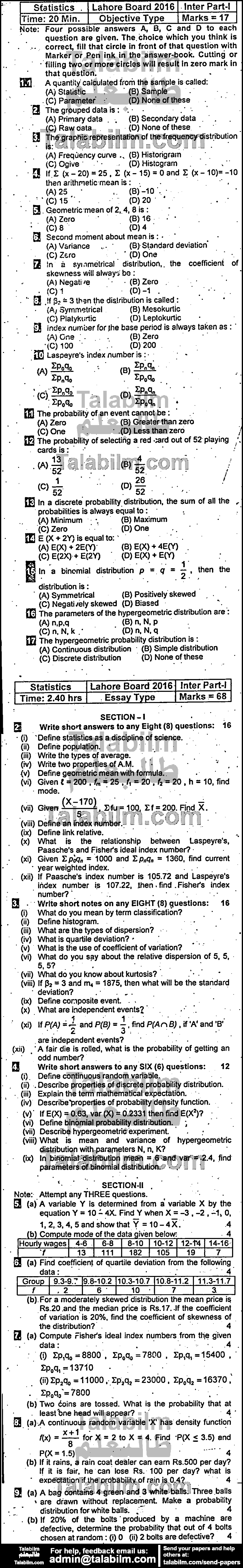 Statistics 0 past paper for Group-I 2016