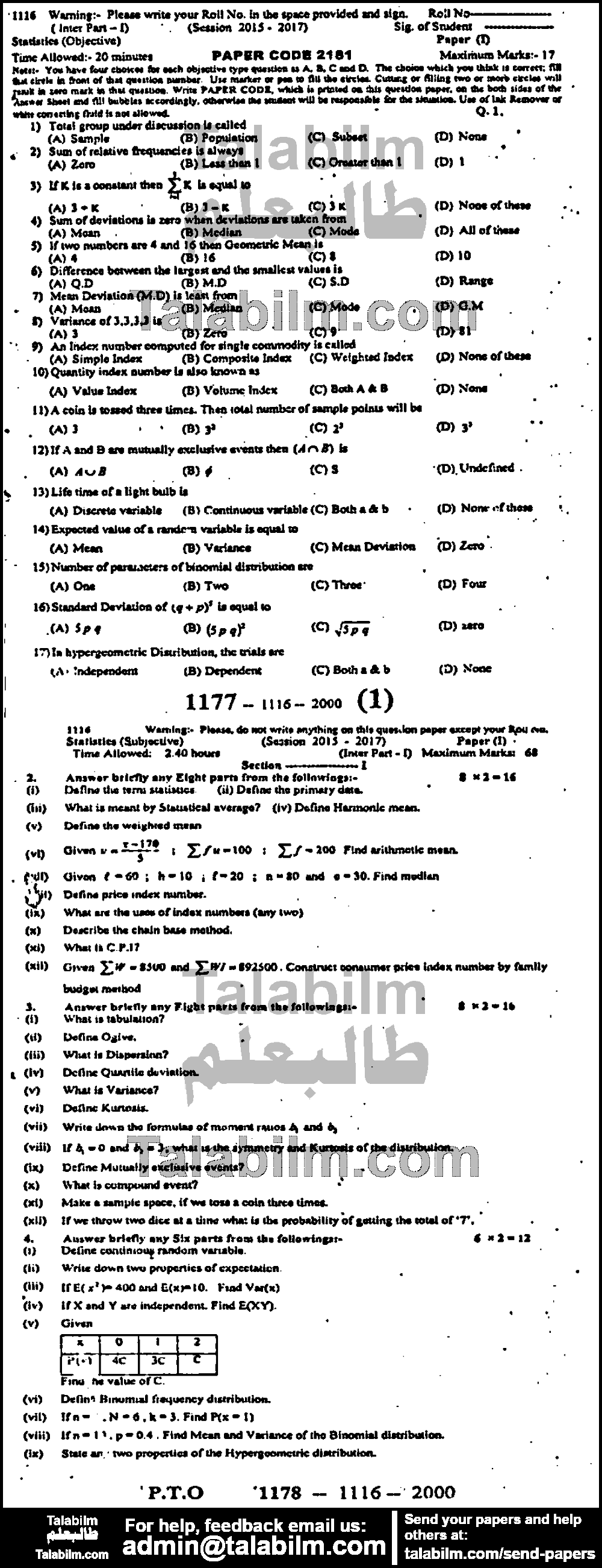 Statistics 0 past paper for Group-I 2016