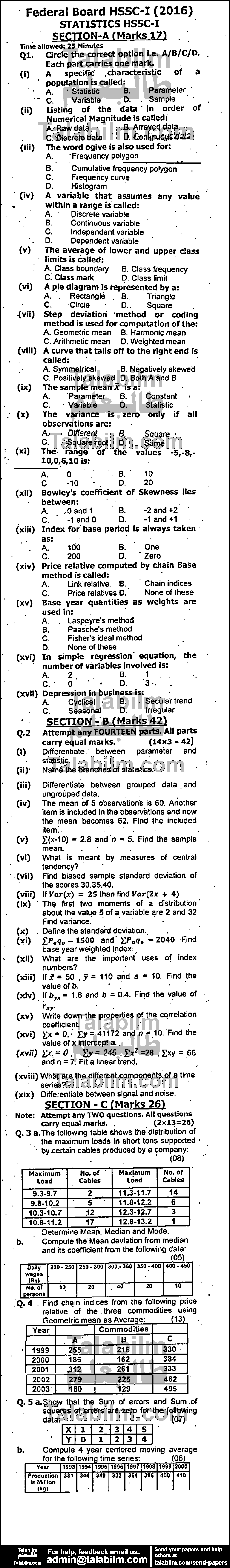 Statistics 0 past paper for Group-I 2016