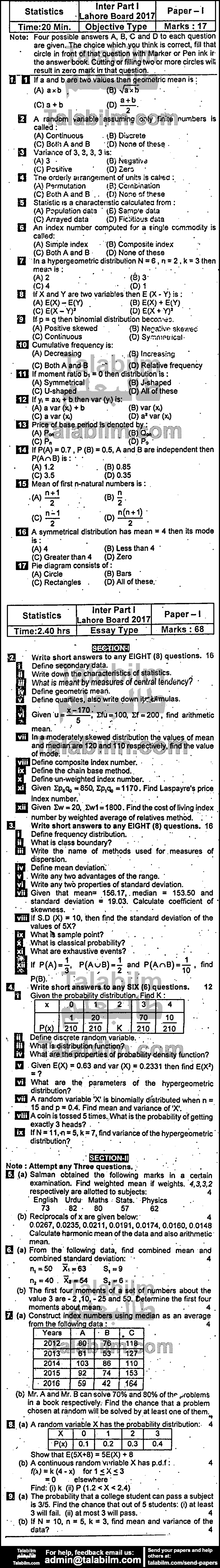 Statistics 0 past paper for Group-I 2017