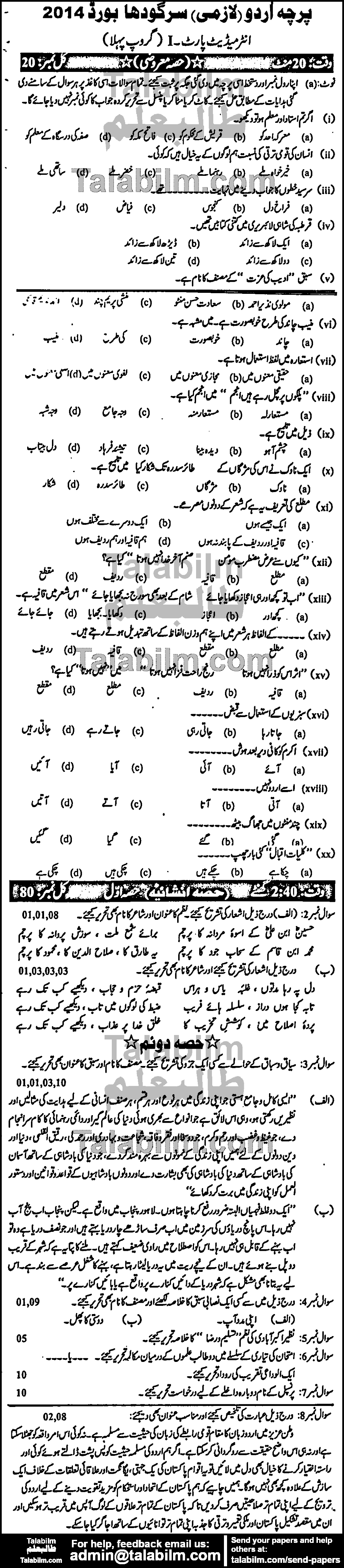 Urdu 0 past paper for Group-I 2014