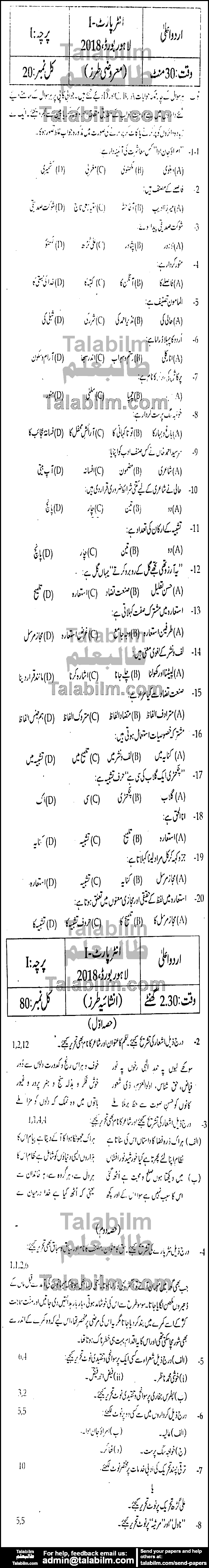 Urdu 0 past paper for Group-I 2018