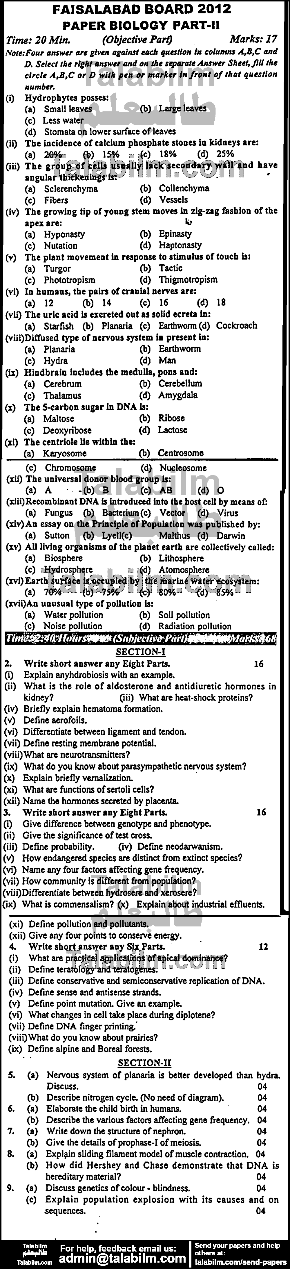 Biology 0 past paper for Group-I 2012