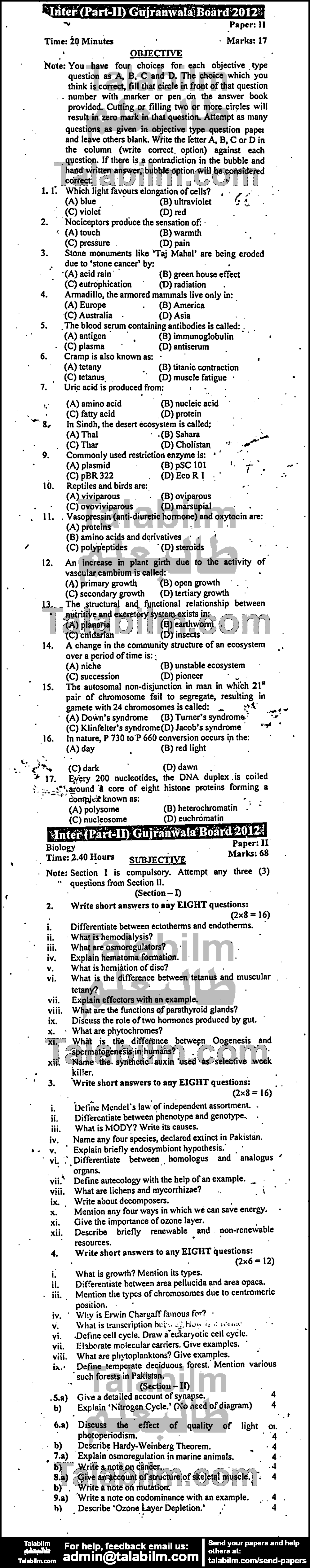 Biology 0 past paper for Group-I 2012