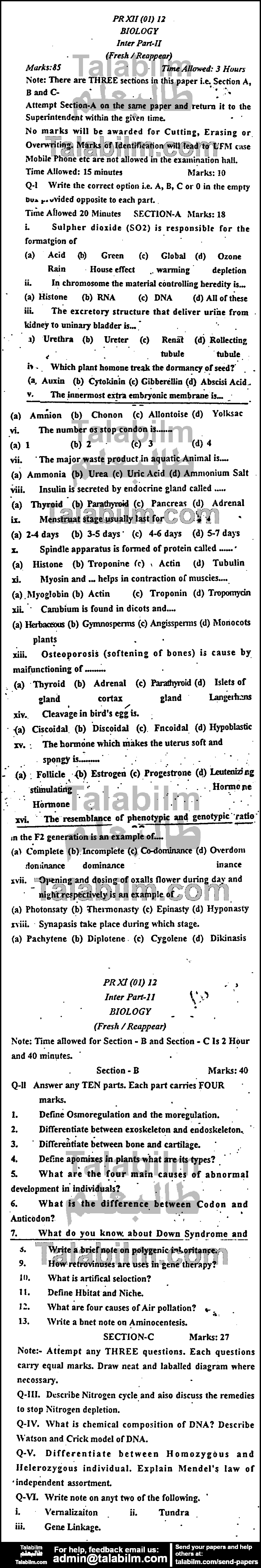 Biology 0 past paper for Group-I 2012