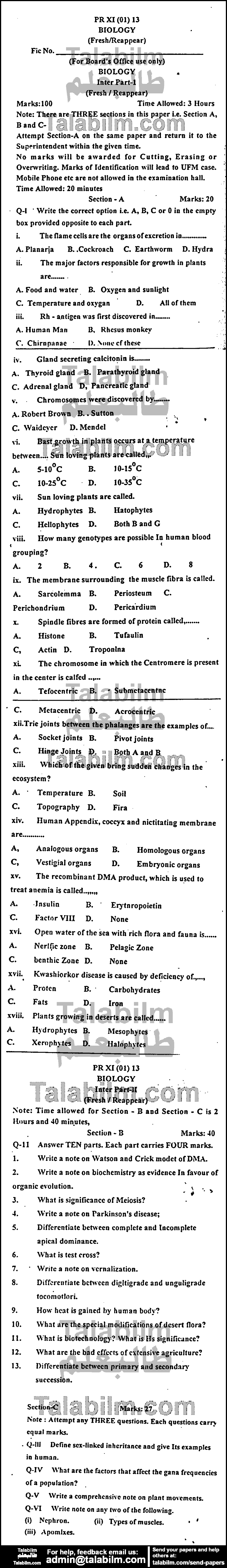 Biology 0 past paper for Group-I 2013