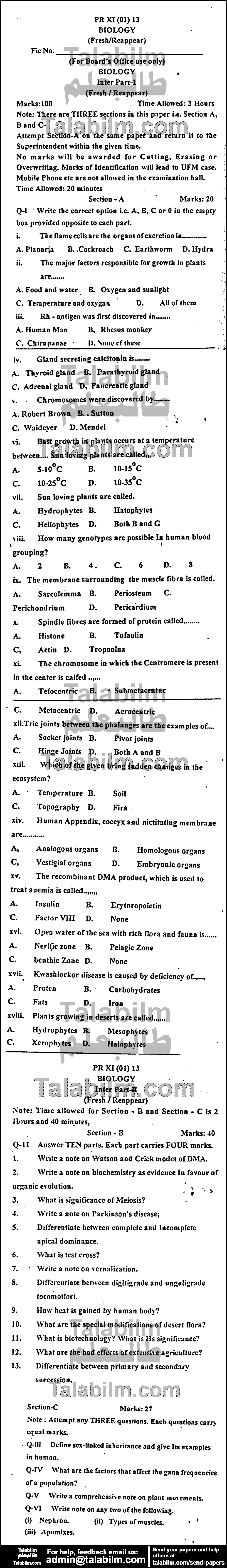 Biology 0 past paper for Group-I 2013